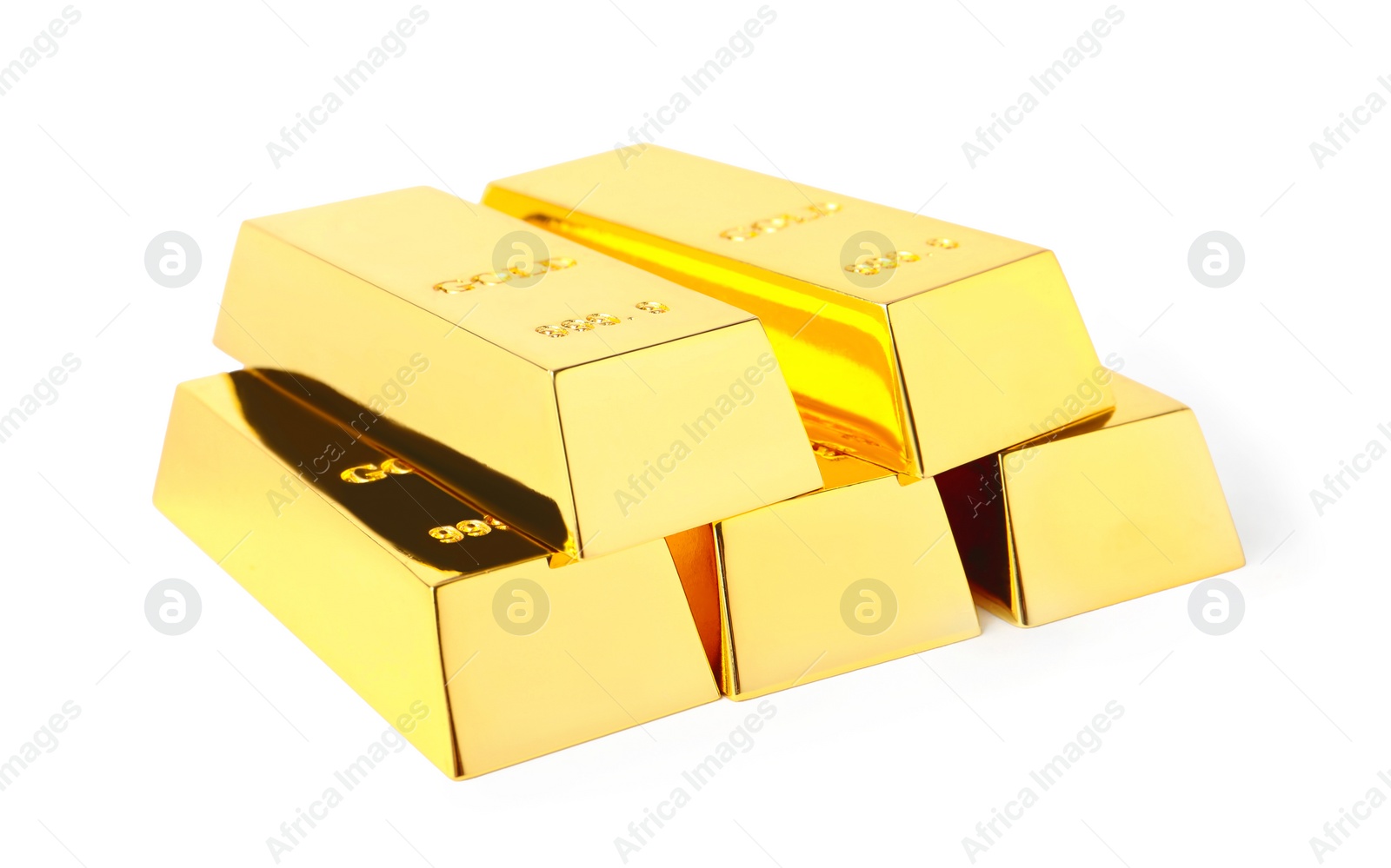 Photo of Precious shiny gold bars on white background