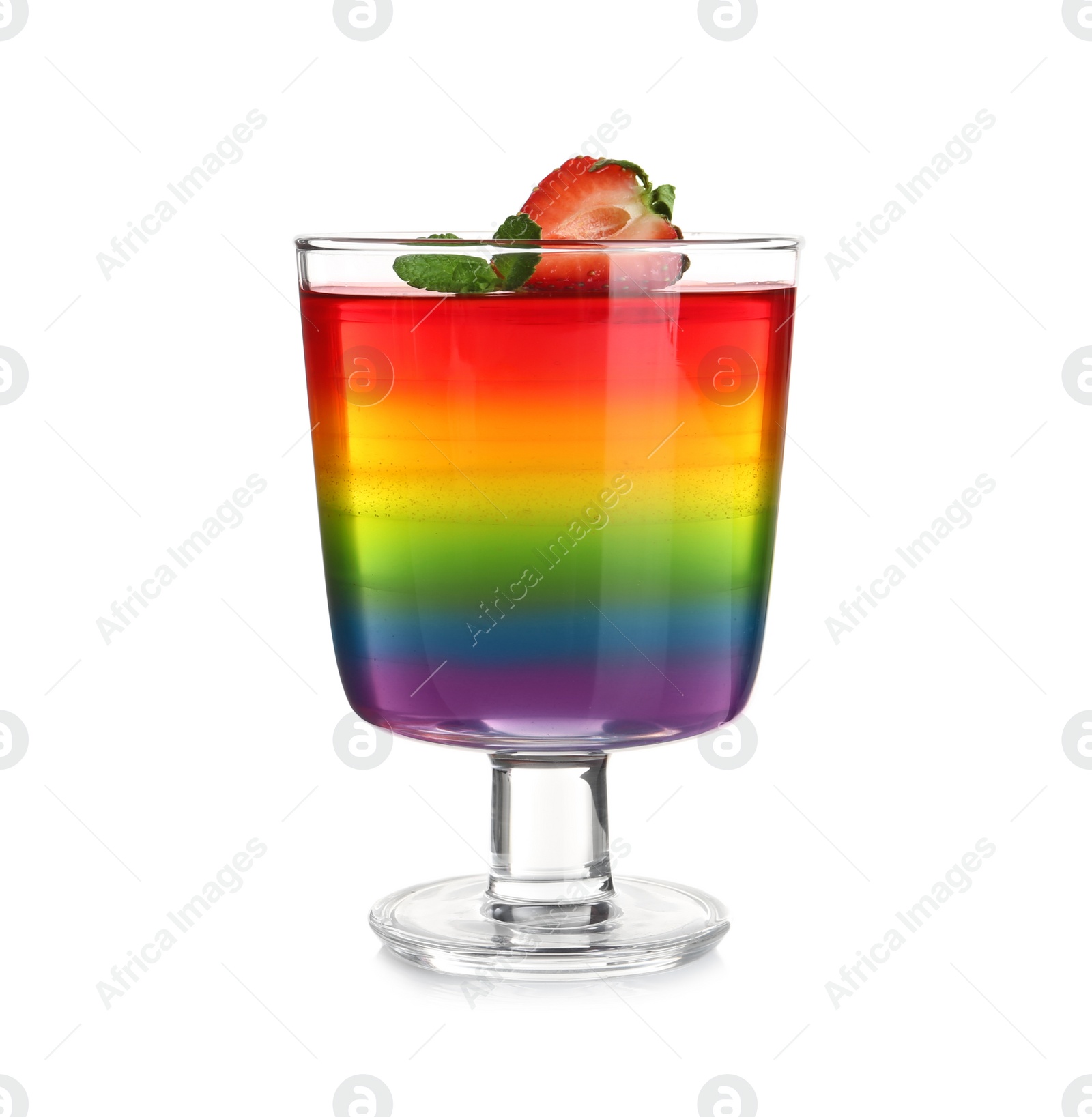 Photo of Dessert bowl with tasty layered jelly on white background