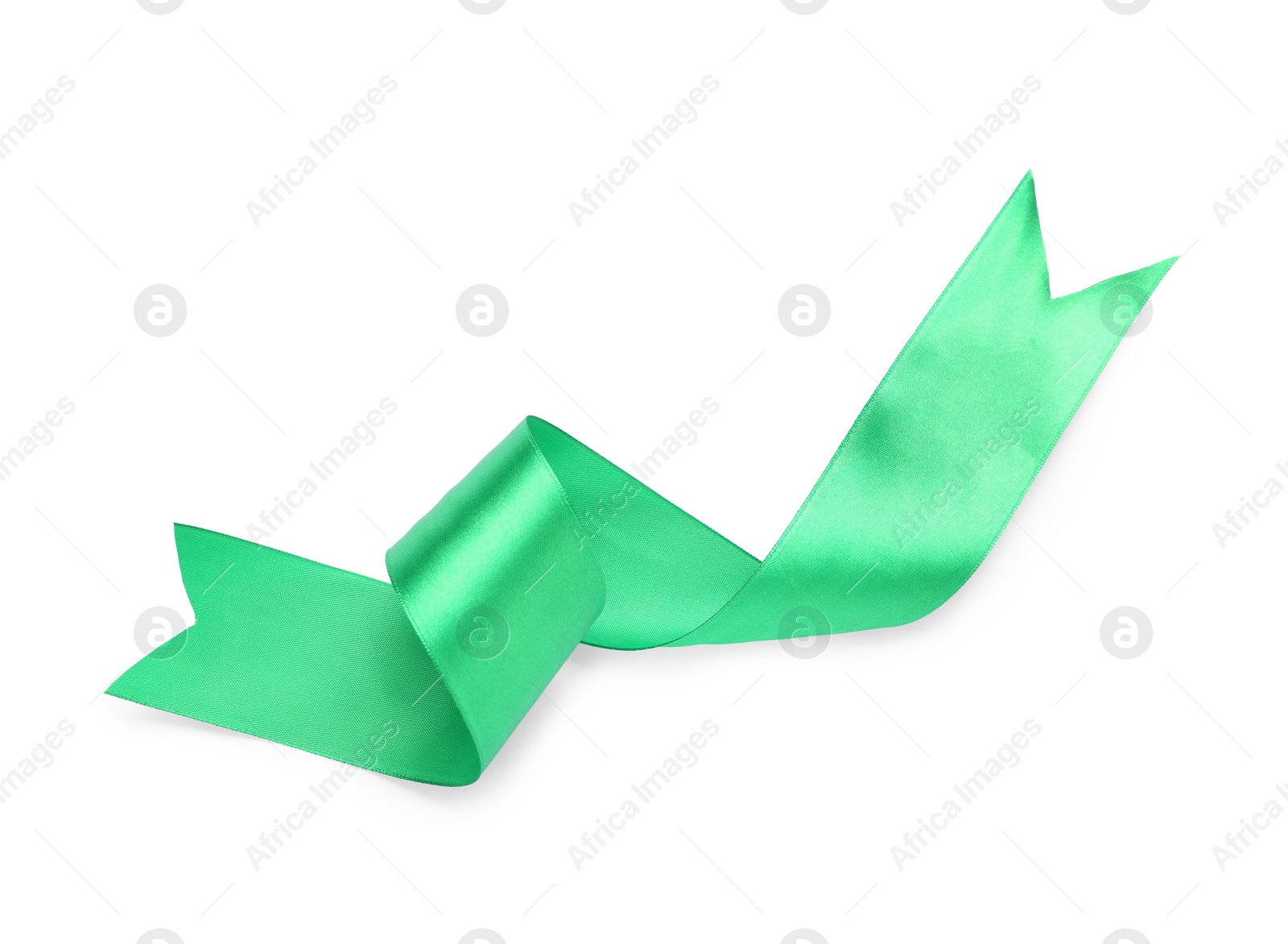 Photo of Beautiful light green ribbon isolated on white, top view