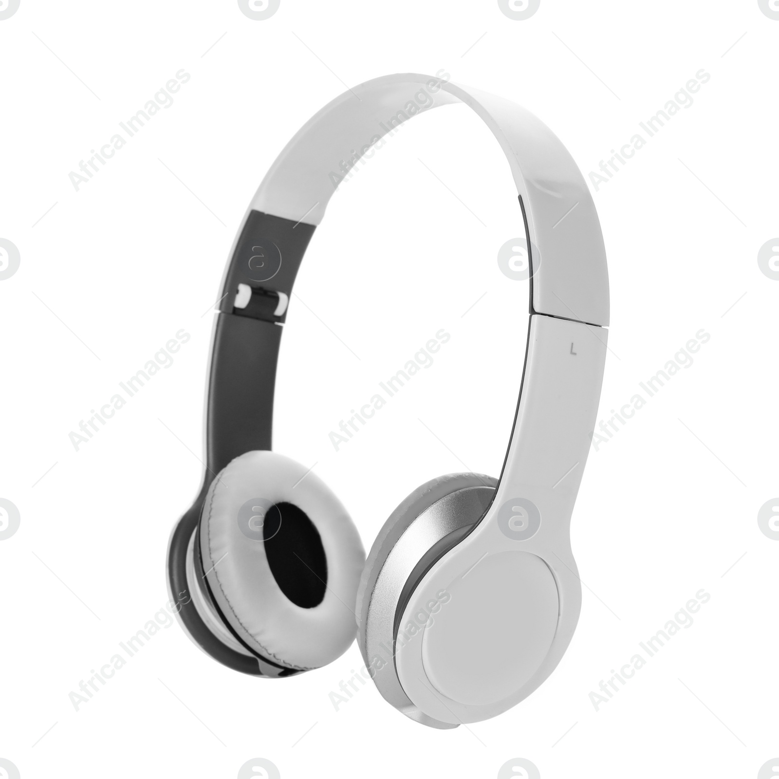 Photo of Stylish modern headphones with earmuffs on white background