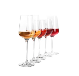 Row of glasses with different wines on white background