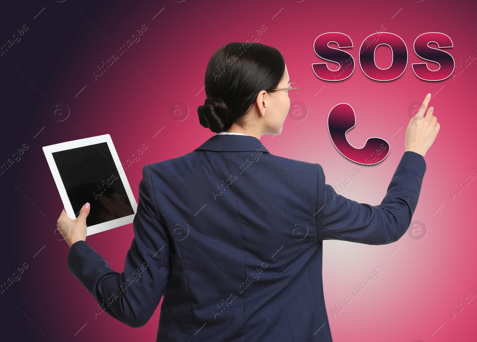 Image of Young woman with tablet and virtual icon SOS on color background