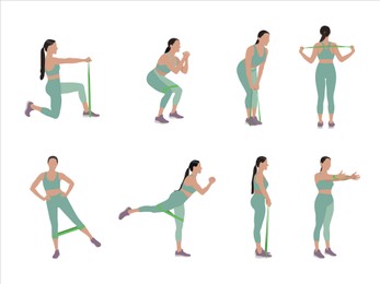 Illustration of Woman doing exercises with fitness elastic band on white background, collage