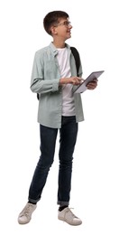 Photo of Teenage student with backpack and tablet on white background