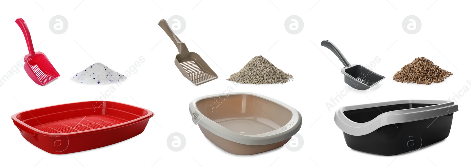 Image of Set with different cat litters, plastic scoops and trays on white background