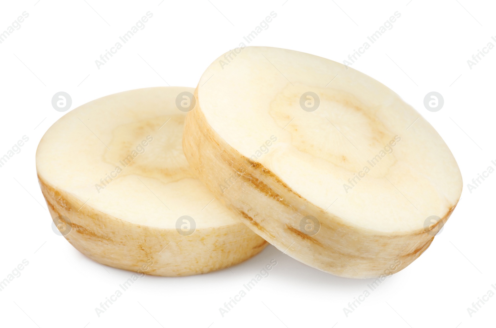 Photo of Tasty cut fresh ripe parsnip on white background