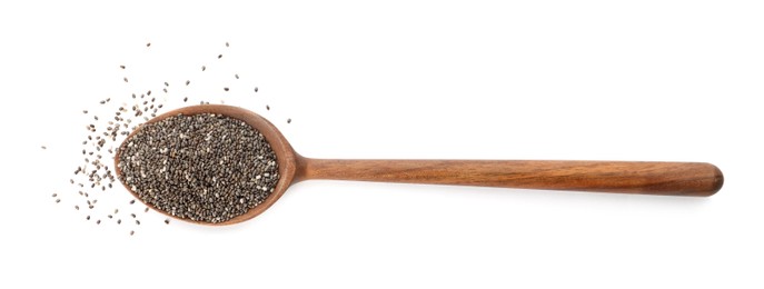 Photo of Wooden spoon with chia seeds on white background, top view