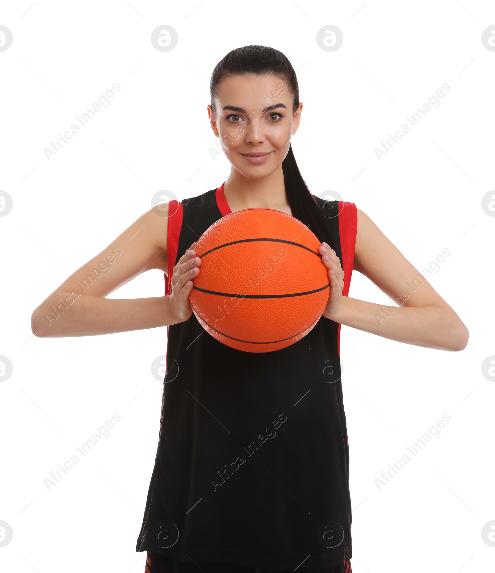 Photo of Basketball player with ball on white background