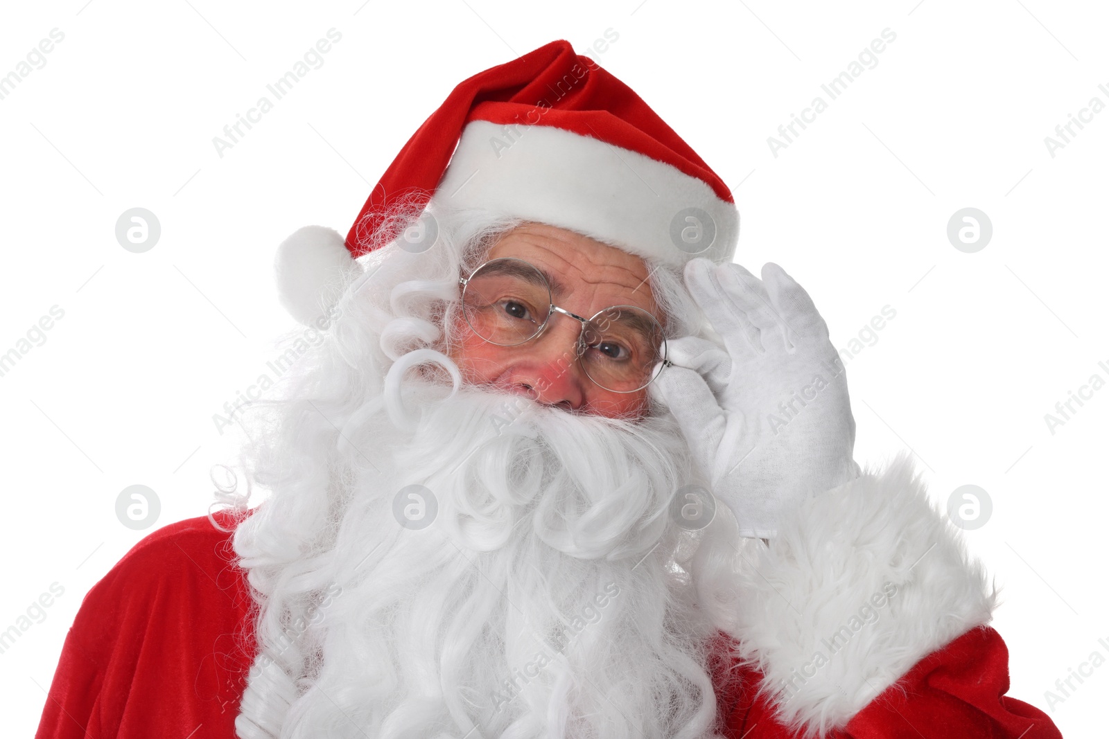 Photo of Man in Santa Claus costume posing on white background