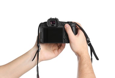 Photographer holding modern camera on white background, closeup