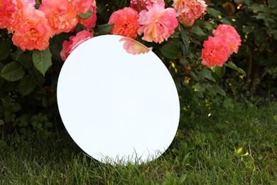 Round mirror on grass near beautiful flowers