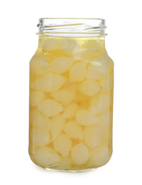 Glass jar with pickled onions isolated on white