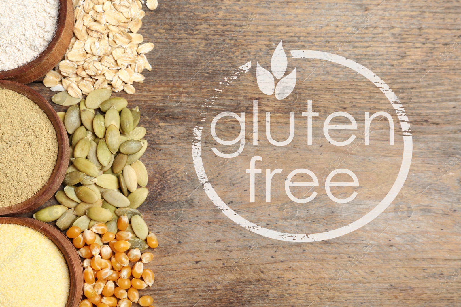 Image of Gluten free products. Bowls with different types of flour and text on wooden table, top view