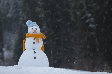 Photo of Adorable smiling snowman outdoors on winter day. Space for text