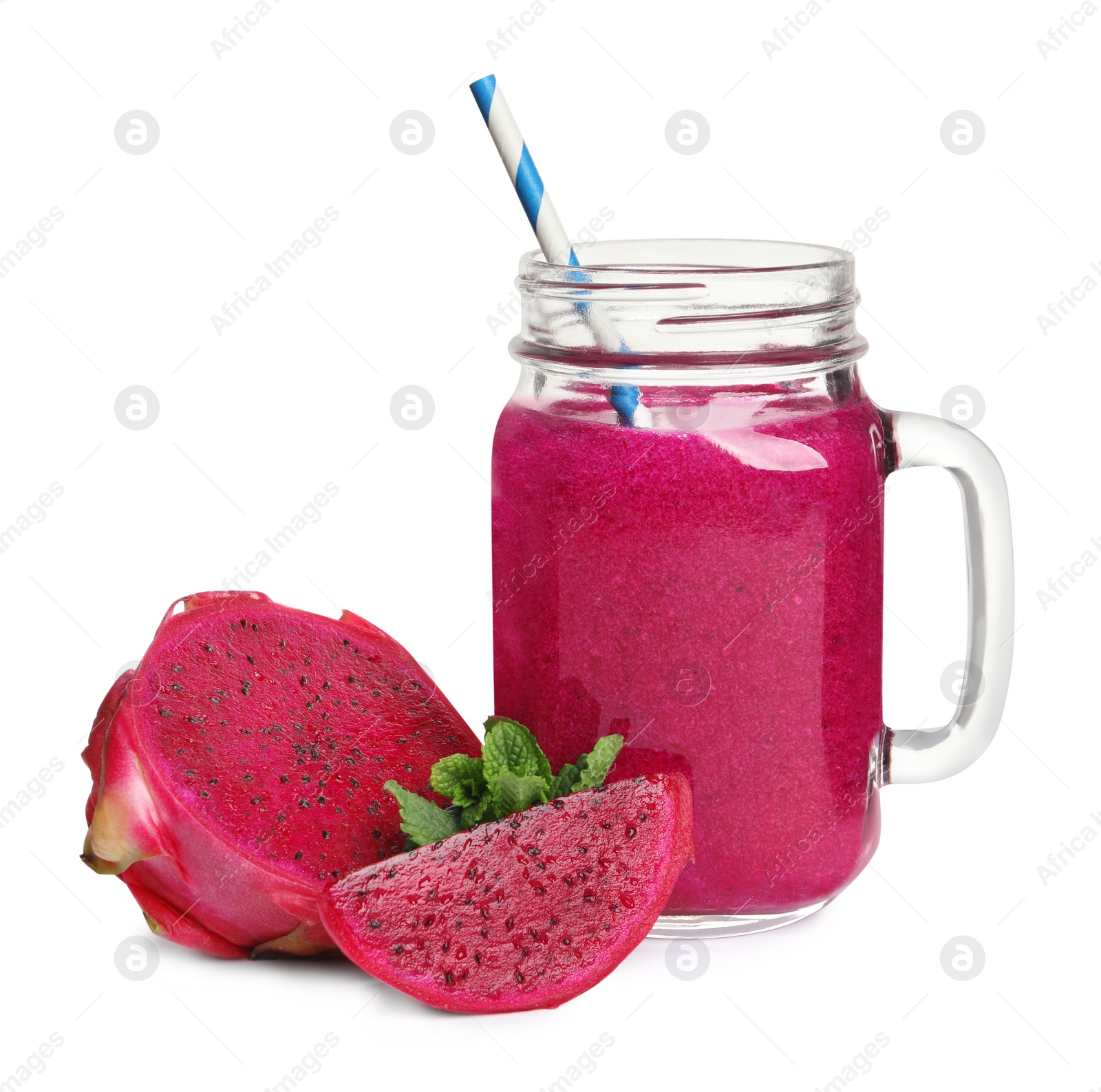 Photo of Delicious pitahaya smoothie in mason jar, dragon fruit and fresh mint on white background