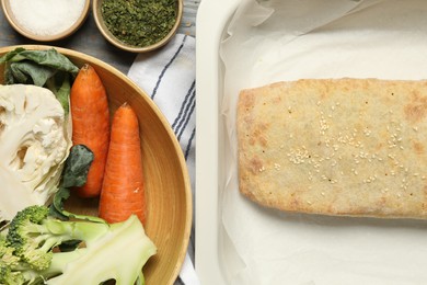 Photo of Delicious strudel with vegetables on grey wooden table, flat lay