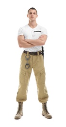 Male security guard in uniform on white background