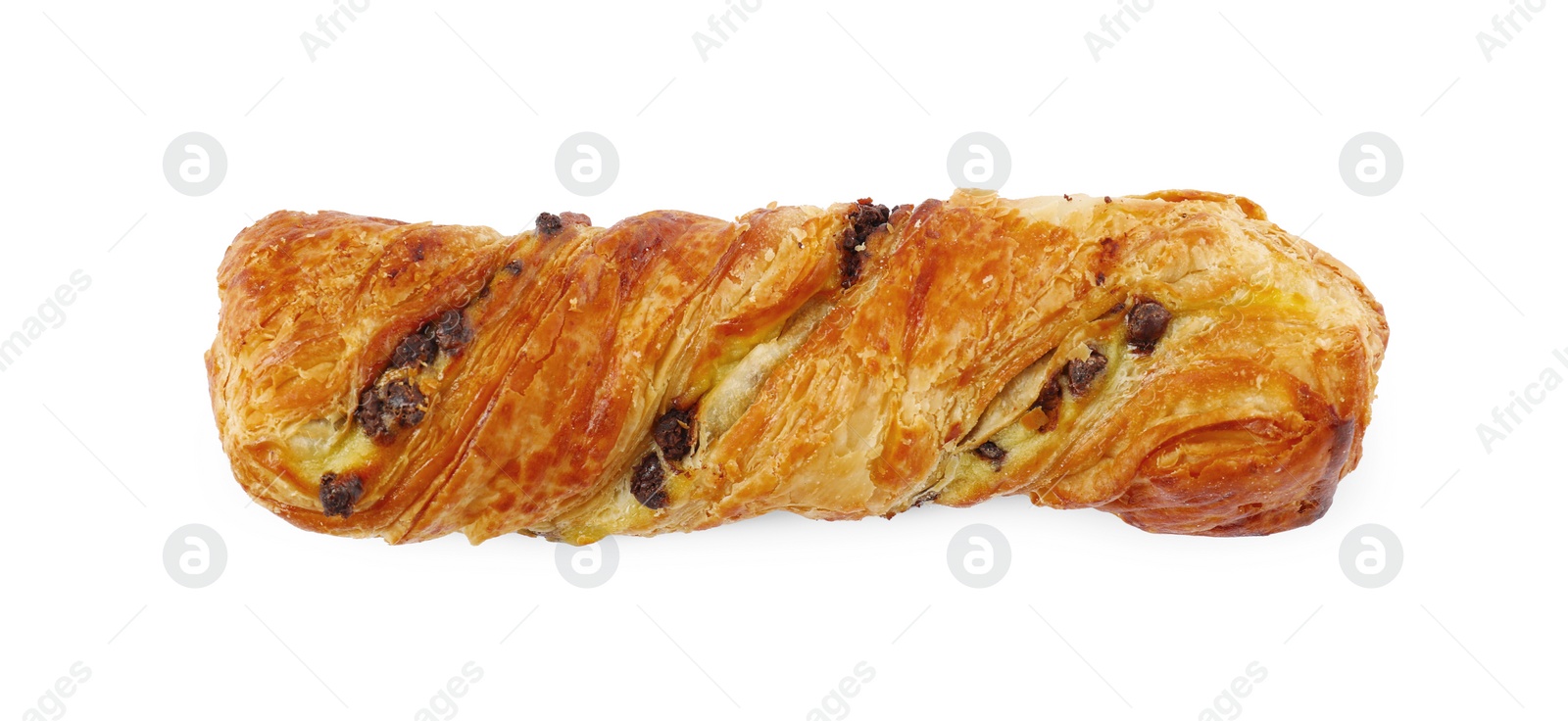 Photo of Tasty sweet bun with raisins isolated on white, top view. Fresh pastry