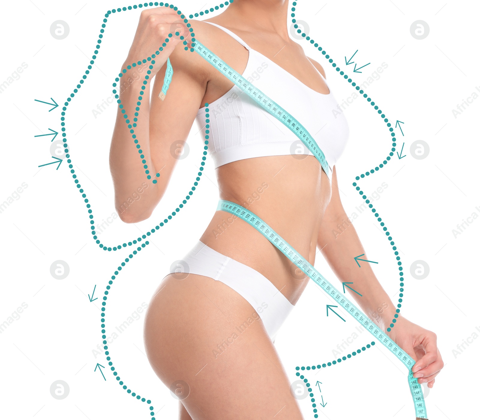 Image of Slim young woman after weight loss on white background, closeup view 