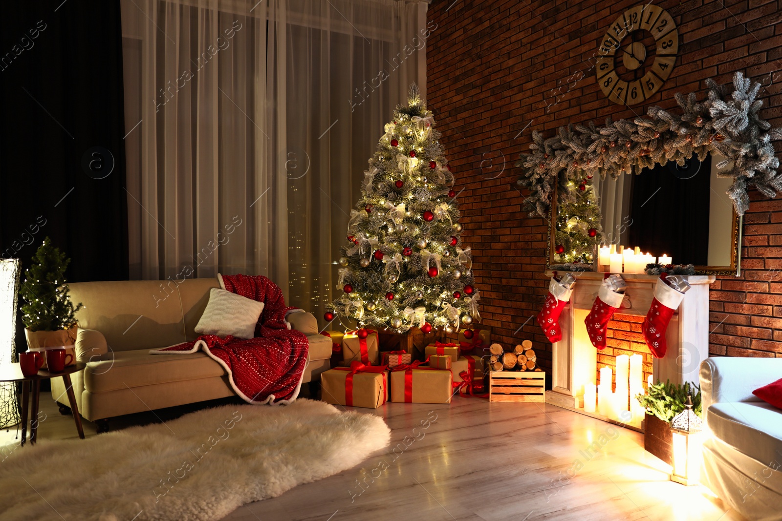 Photo of Stylish room interior with beautiful Christmas tree in evening