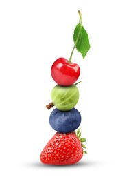 Image of Stack of different fresh tasty berries and cherry on white background