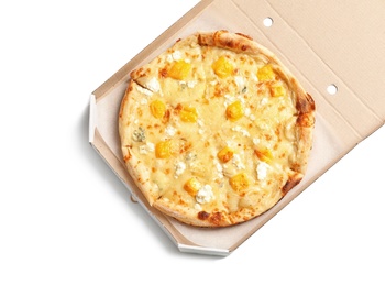 Photo of Carton box with hot cheese pizza Margherita on white background, top view