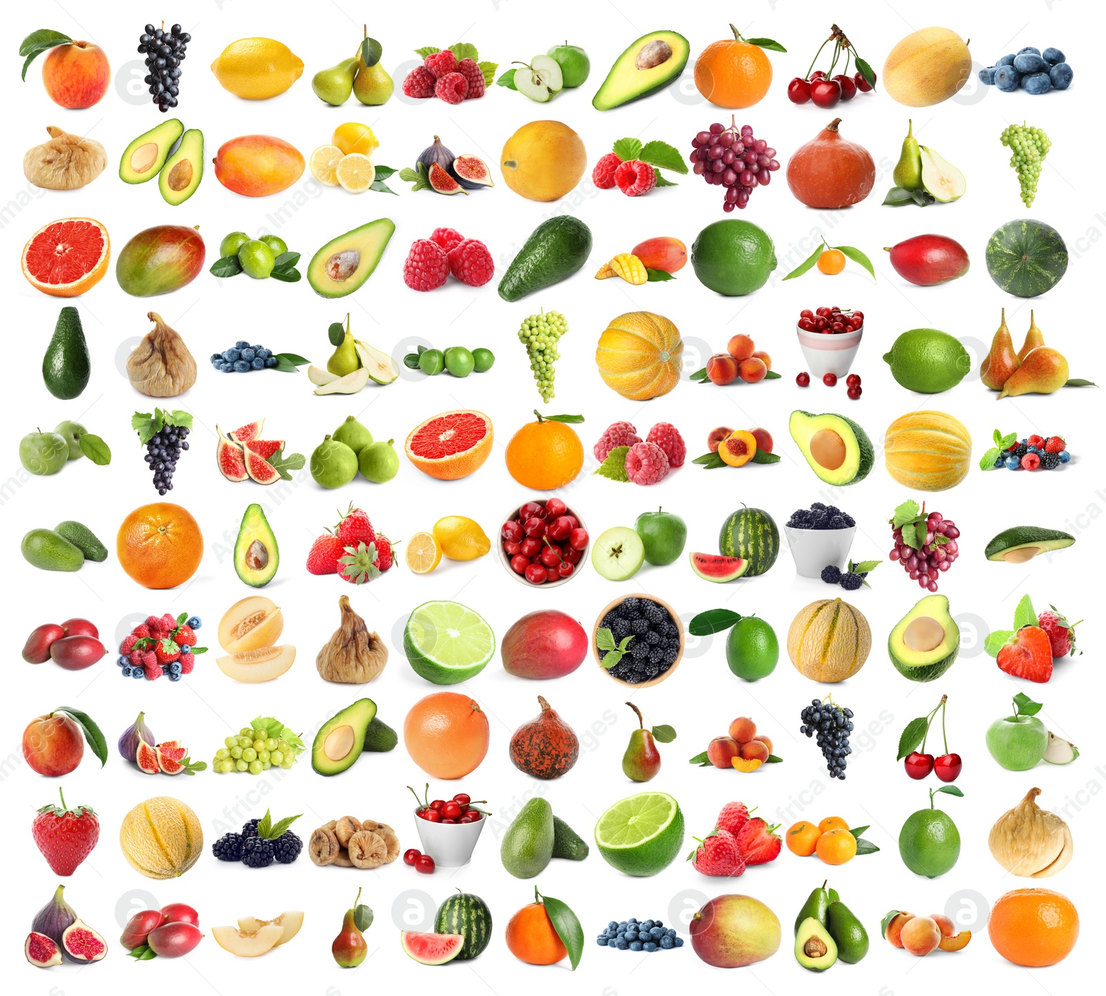 Image of Set of fresh ripe fruits and berries on white background