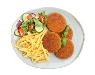 Photo of Plate of delicious fried breaded cutlets with garnish isolated on white, top view