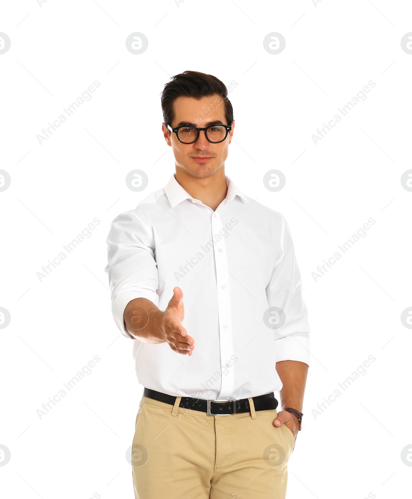 Photo of Professional business trainer offering handshake on white background