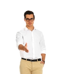 Photo of Professional business trainer offering handshake on white background