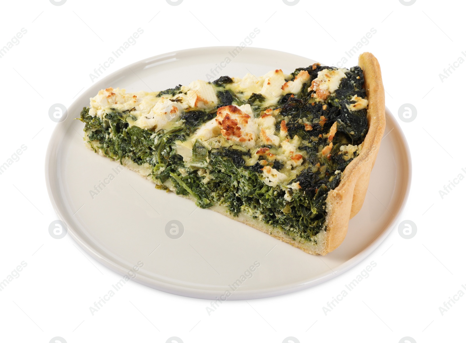 Photo of Piece of delicious homemade spinach quiche isolated on white