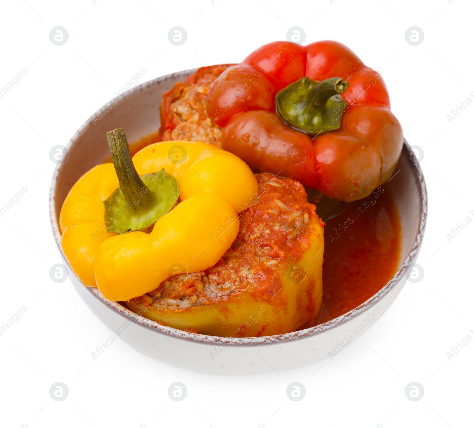 Photo of Delicious stuffed bell peppers isolated on white