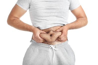 Overweight man on white background, closeup view