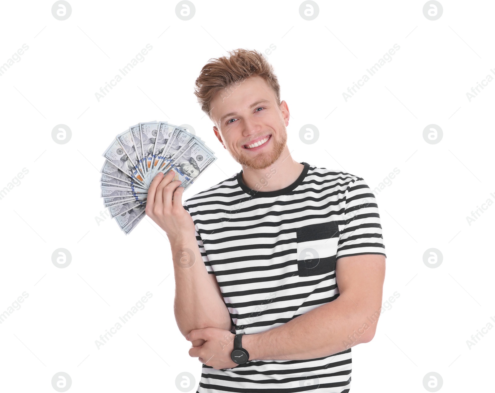 Photo of Happy young man with money on white background