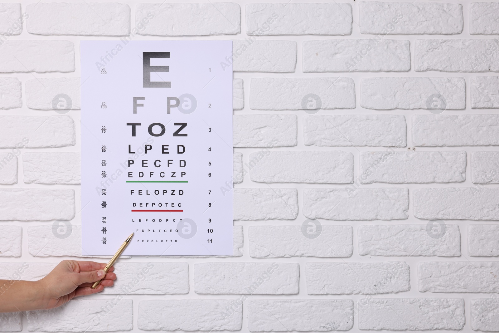 Photo of Ophthalmologist pointing at vision test chart on white brick wall, closeup. Space for text