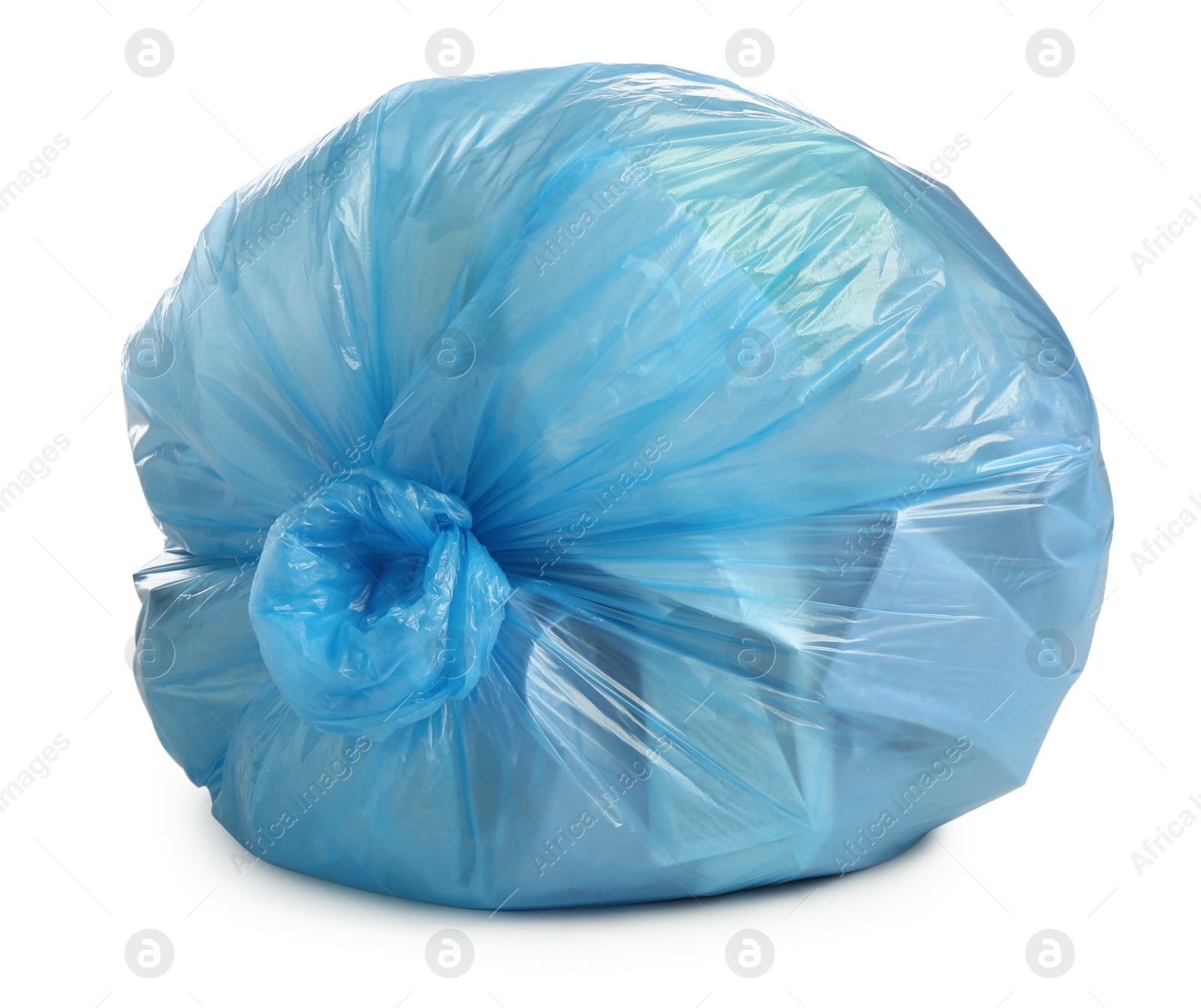 Photo of Blue trash bag filled with garbage isolated on white