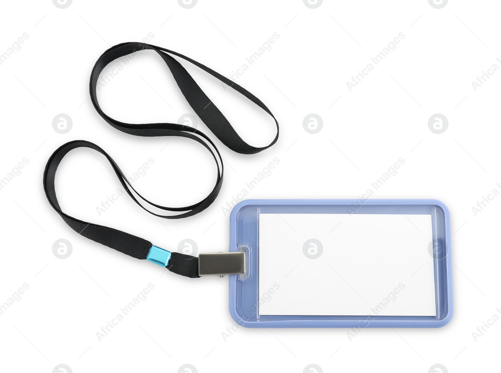 Photo of Blank blue badge with string isolated on white, top view