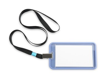 Photo of Blank blue badge with string isolated on white, top view