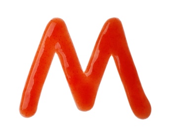 Photo of Letter M written with red sauce on white background