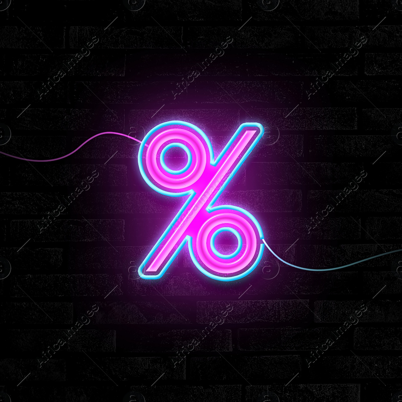 Image of Glowing neon percent sign on brick wall