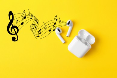 Image of Staff with music notes and treble clef flowing from white wireless earphones on yellow background, top view