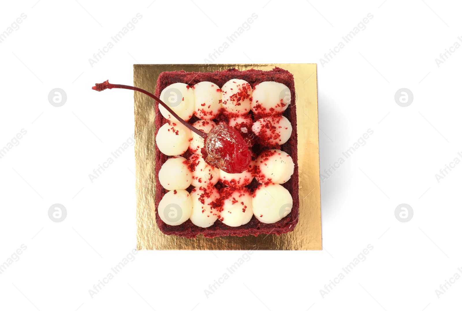 Photo of Piece of delicious red velvet cake on white background, top view