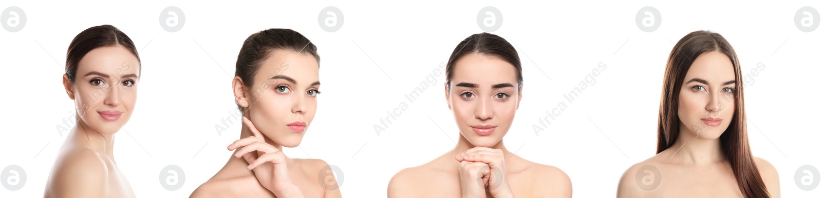 Image of Young beautiful women with perfect skin on white background, collage of portraits. Banner design