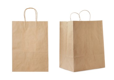 Image of Paper shopping bags on white background, collage