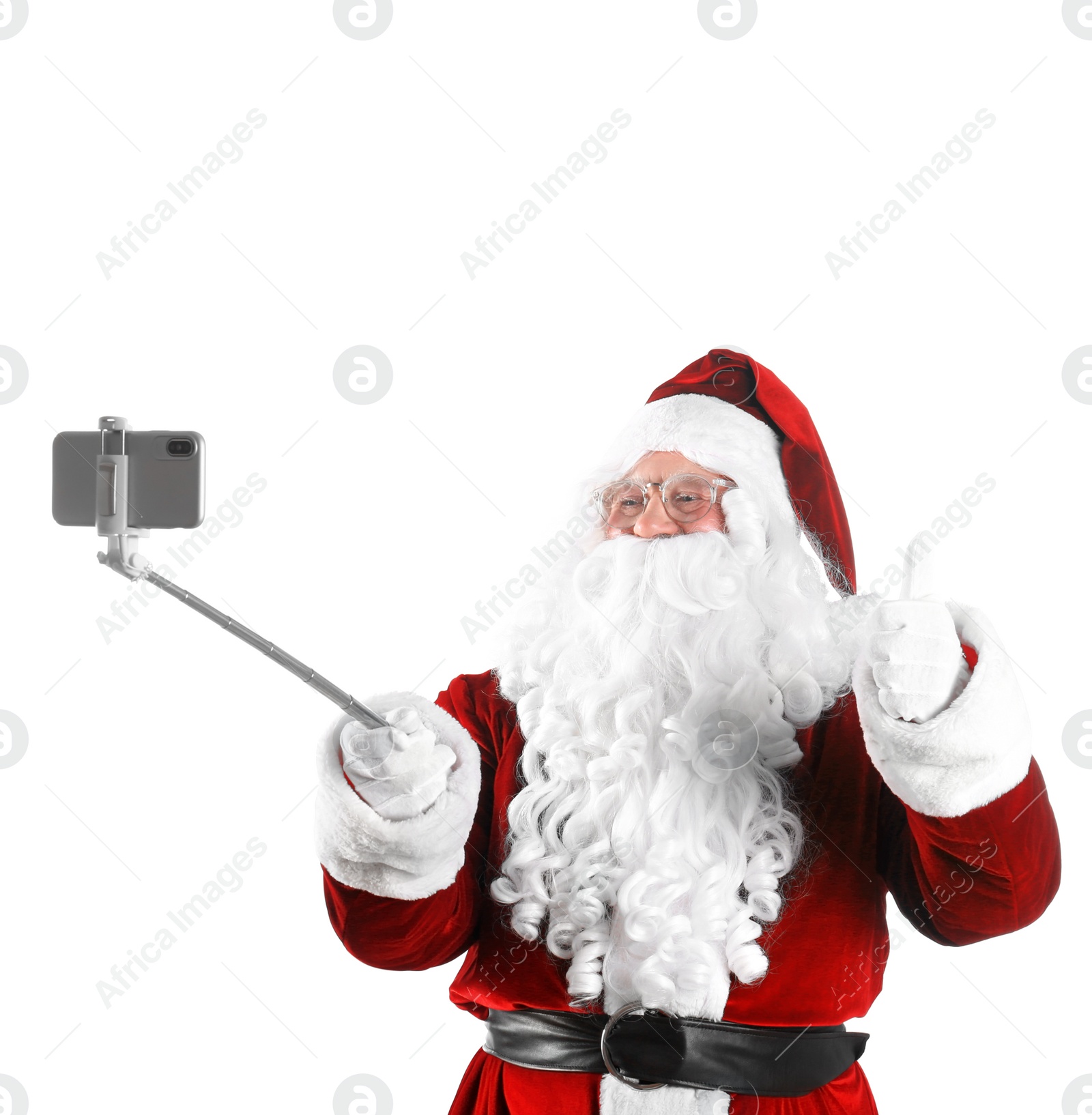 Photo of Authentic Santa Claus taking selfie on white background