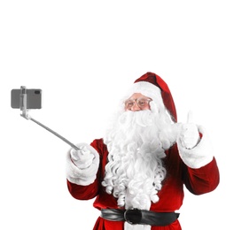 Photo of Authentic Santa Claus taking selfie on white background