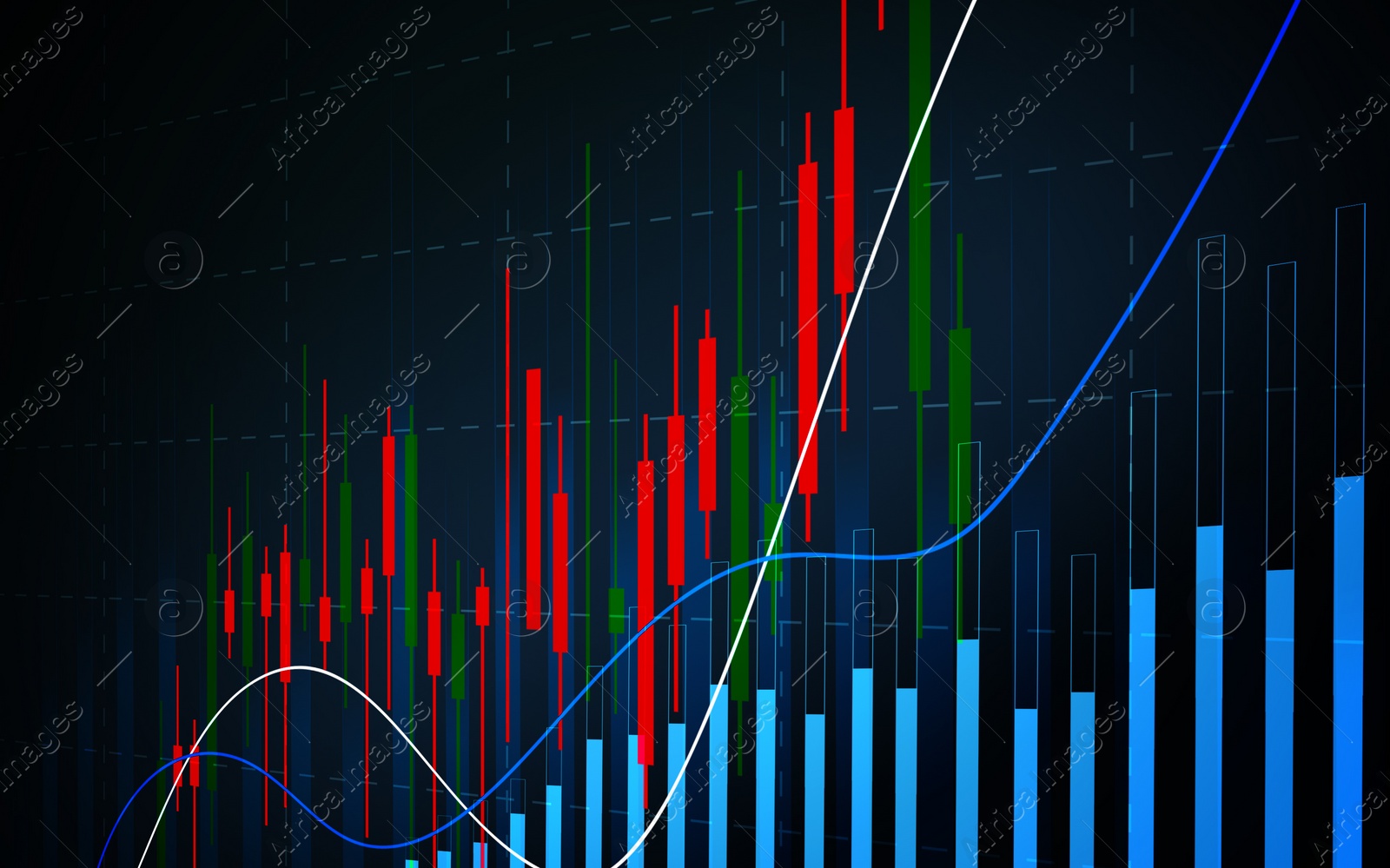 Illustration of Movement of asset price. Market of cryptocurrency / stocks / commodity. Charts and graphs on dark background