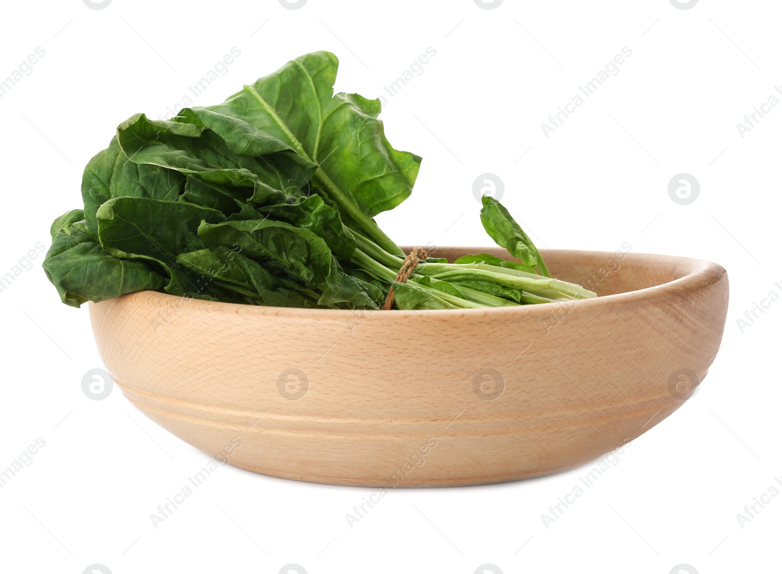 Photo of Bundle of fresh spinach in bowl isolated on white