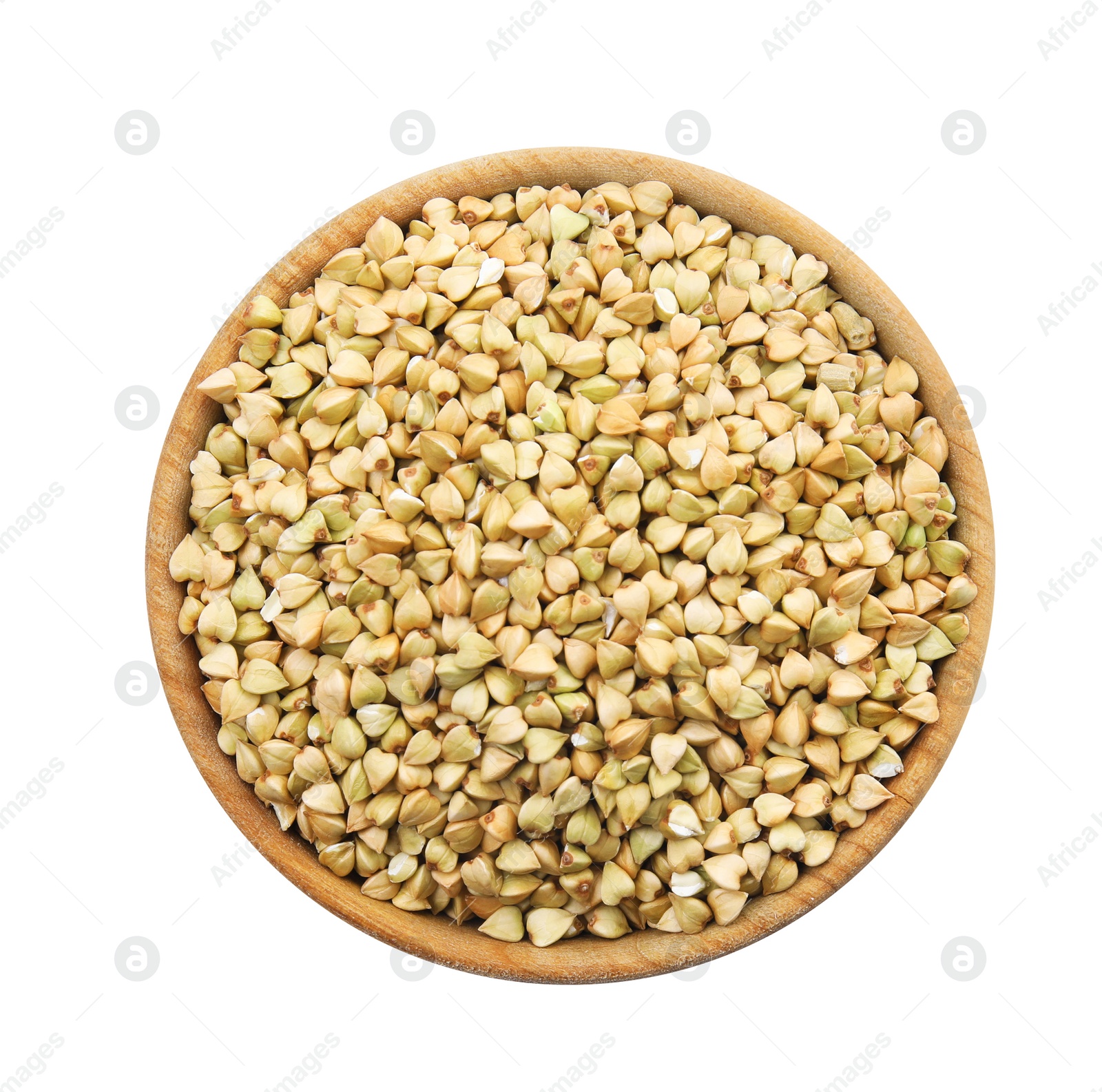 Photo of Uncooked green buckwheat grains in bowl isolated on white, top view