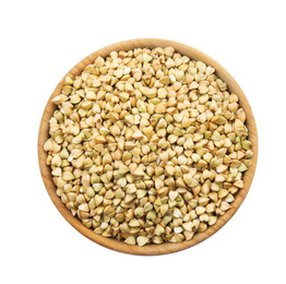 Photo of Uncooked green buckwheat grains in bowl isolated on white, top view